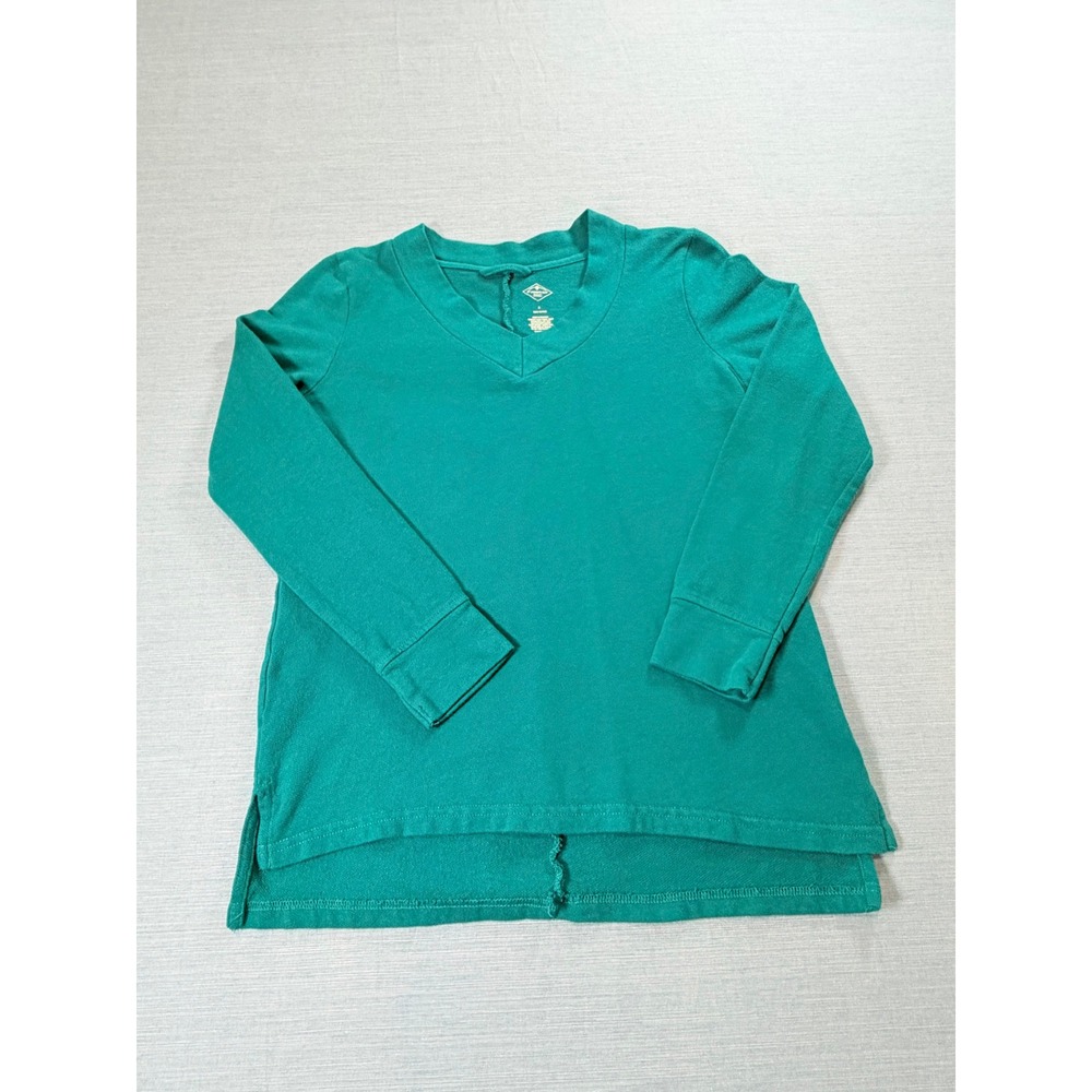 St. Johns Bay V-Neck Top Womens S Green Excellent Long Sleeve High-Low Cotton